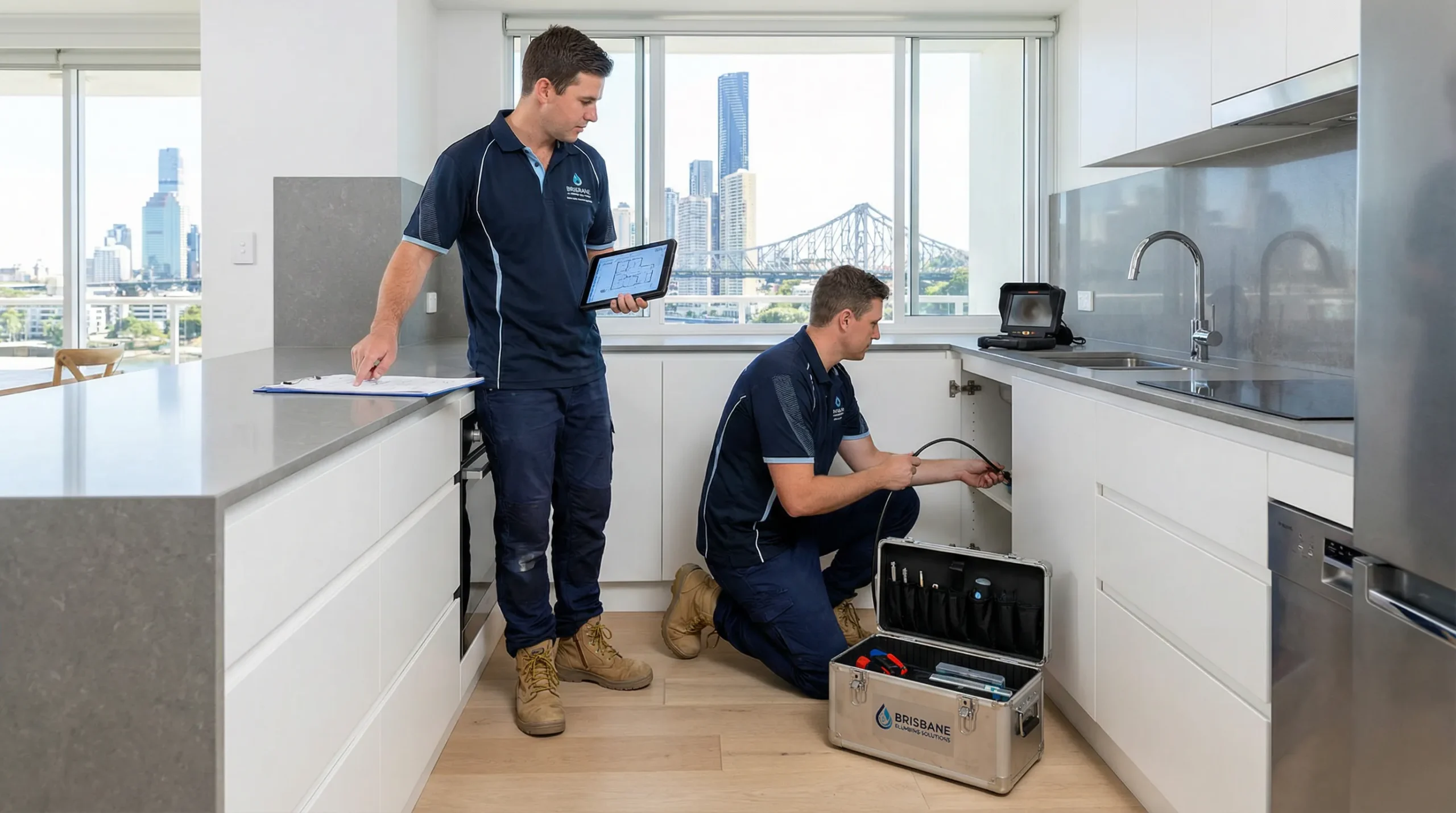 two professional plumbers working in a modern brisbane kitchen